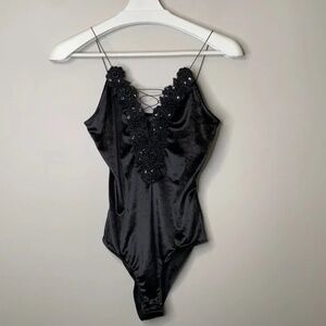 Topshop Black Beaded Lace-up Velvet Bodysuit